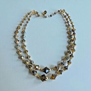 Vintage Glass Beaded Necklace Aurora Borealis Brown Double Layered Gold Tone 16"